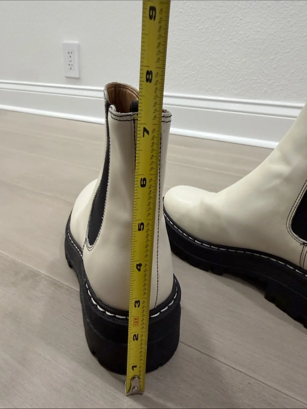 Marc Fisher Women’s Light Cream Chelsea Lug Sole Boots with Black Elastic Panels